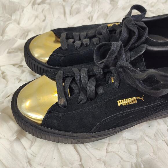 Puma Basket Low Top Shoes Womens Size 8.5 Black Suede Gold Metallic Toe Cap - Picture 3 of 14